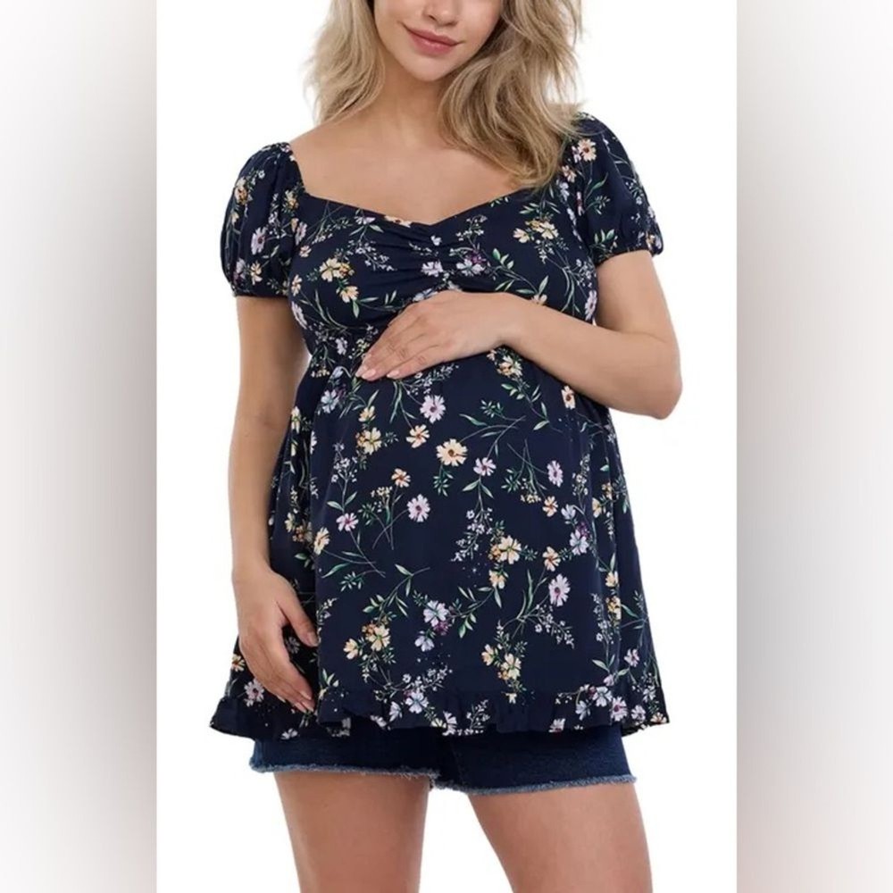 Motherhood Maternity Puff Sleeve Babydoll Top Floral Navy XL