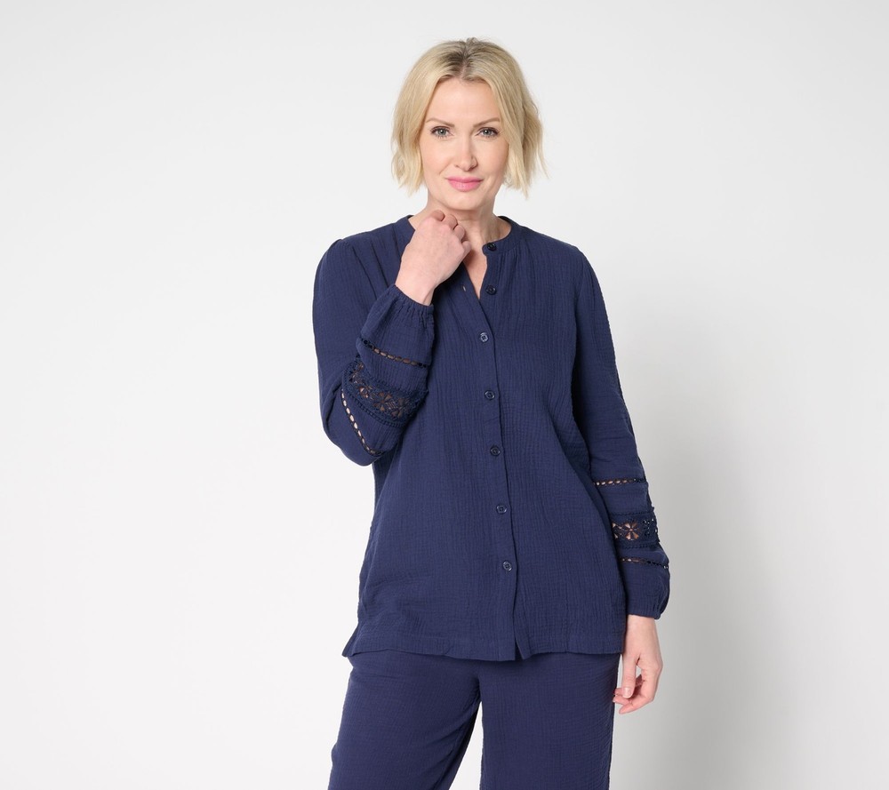 Belle by Kim Gravel Women's Top Plus Sz 3X Cotton Gauze Ladder Lace Blue A691547