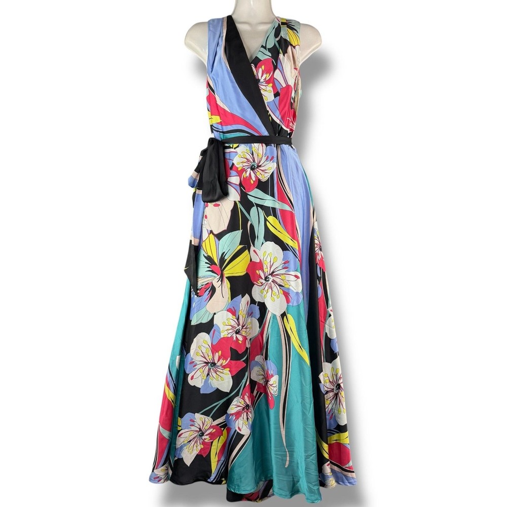 Tahari Printed Multicolor Floral Satin Sleeveless Maxi Dress Art To Wear Size 2