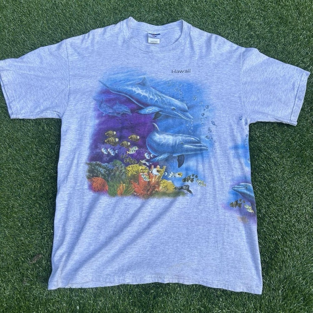 Vintage Dolphin wrap around ocean nature graphic shirt size large grey