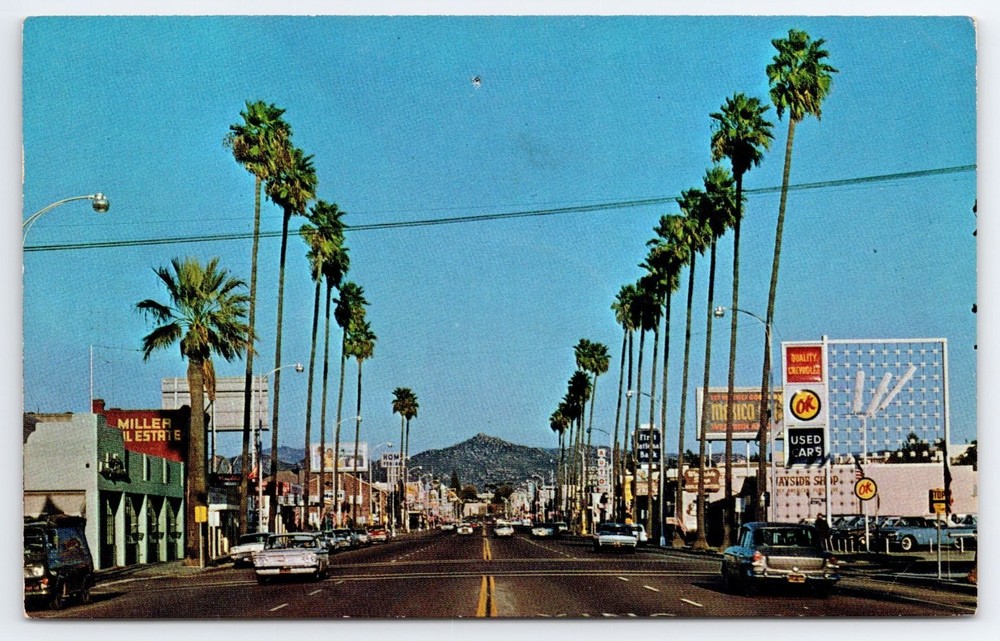 Vintage 1964 Escondido California Palm Tree Street Scene Postcard