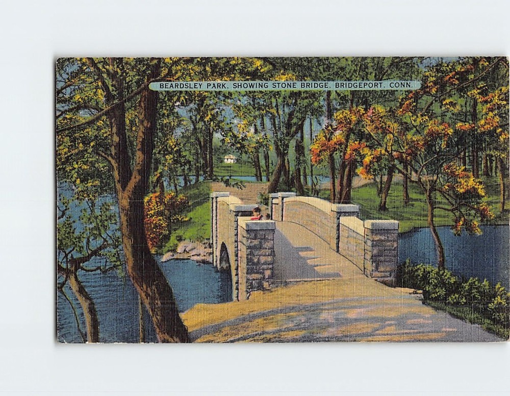 Postcard Beardsley Park Showing Stone Bridge Bridgeport Connecticut USA