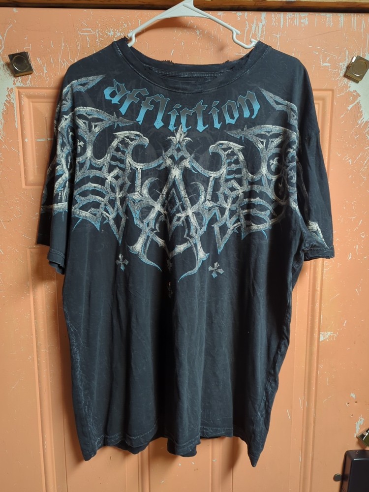 VTG Affliction Blue Wings Cross Y2K Angel Grunge Biker Emo Black Thin Shirt 2XL
