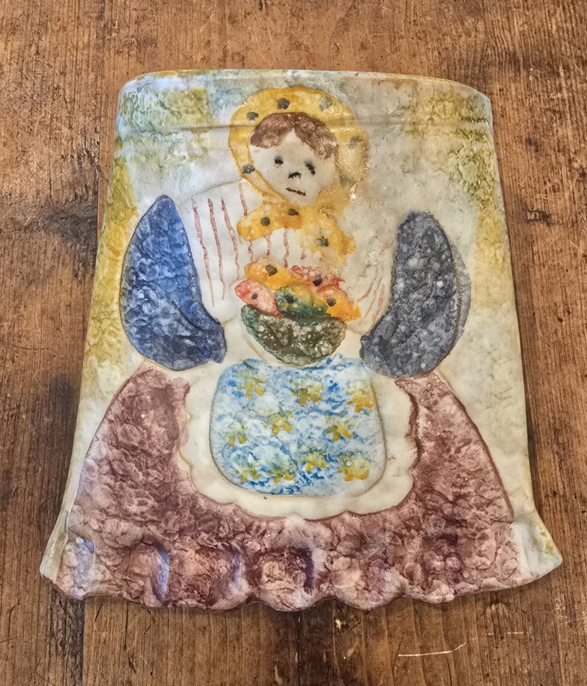 Italian Hand Painted Terracotta Wall Pocket Provincial Lady with Basket of Fruit