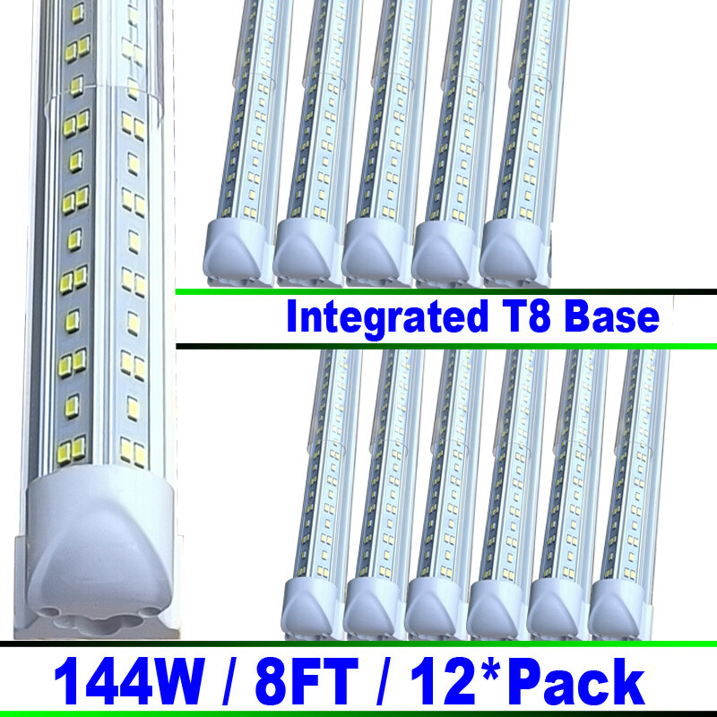 8ft 144W LED Shop Light Strip - 12 Pack 6500K Bright Tube for Hotels & Workspaces