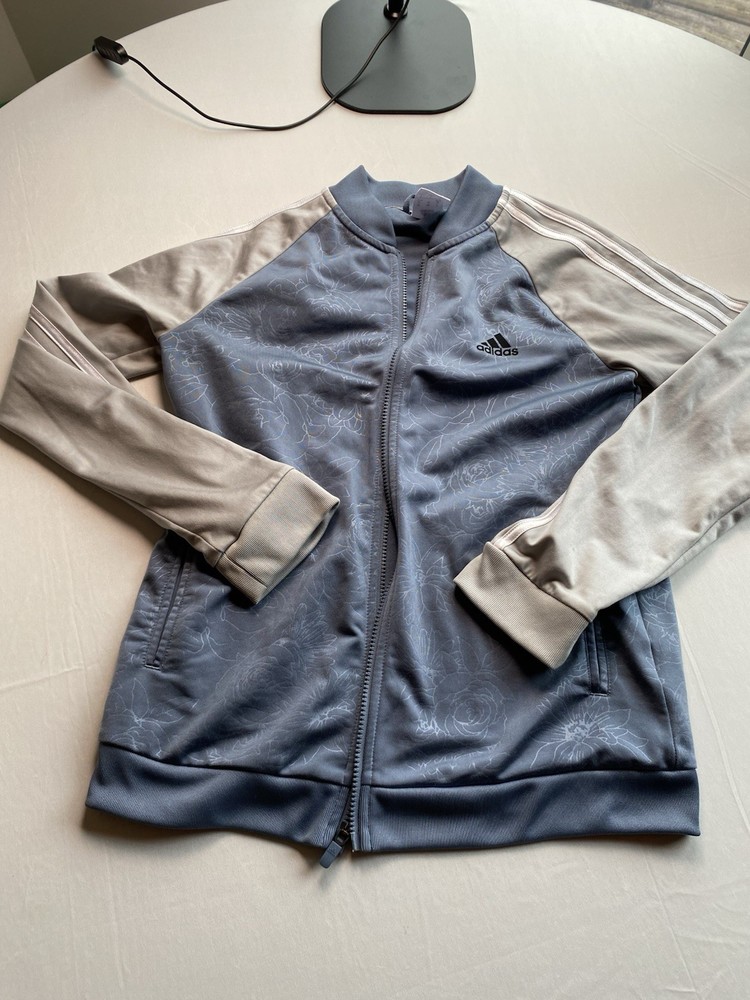 Adidas Women’s Track Jacket Size Medium Blue Floral Print 3-Stripe Full Zip