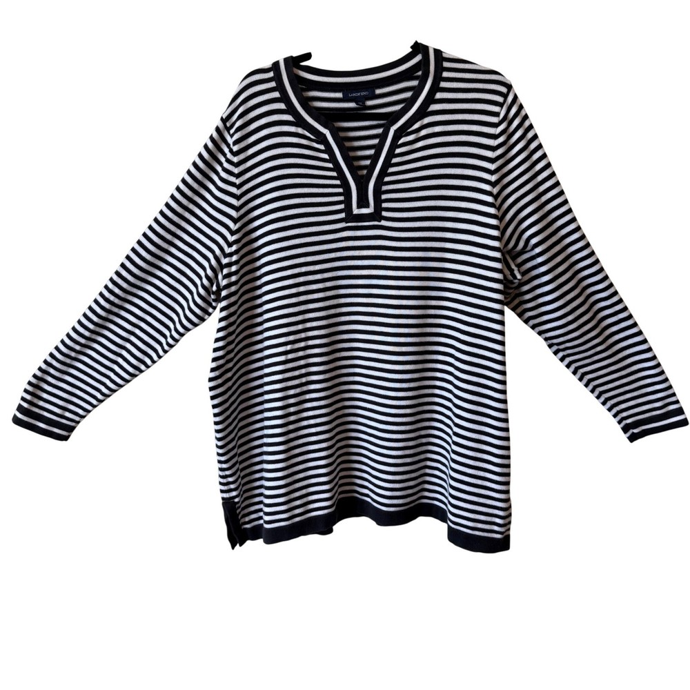 Lands End Womens 3X Striped Split Neck Knit Sweater Black White Cotton Nautical