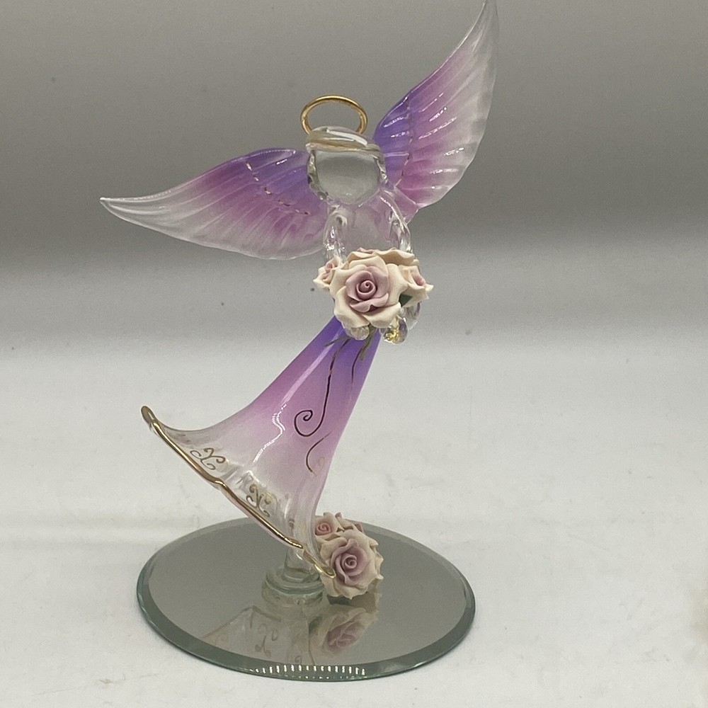 Glass Baron Hand Blown Glass Angel With Roses On Mirror Base