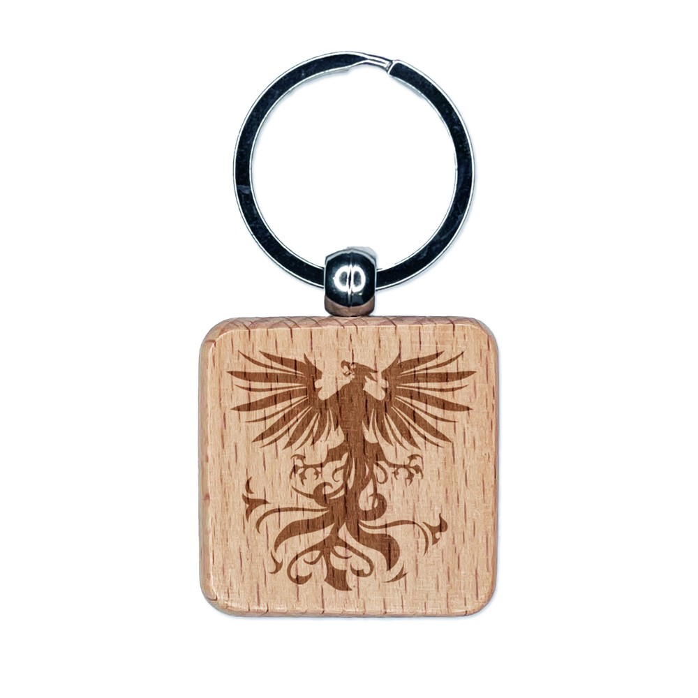 Regal Heraldic Phoenix Engraved Wood Square Keychain Tag Charm