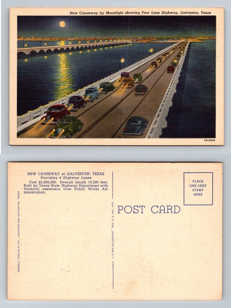Galveston, TX-Texas, New Causeway Four Lane Highway Moonlight Vintage Postcard