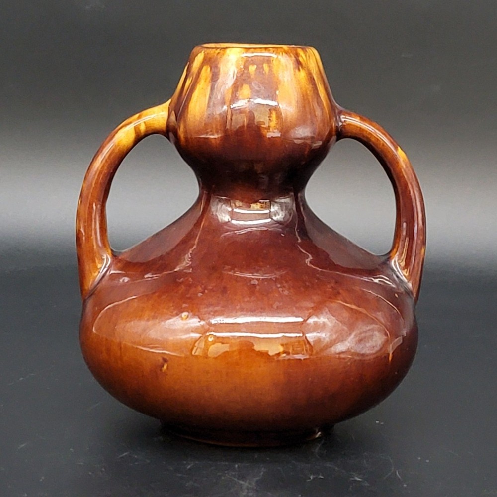 Vintage Double-Handled Brown Drip Glaze MCM Ceramic Vase 6