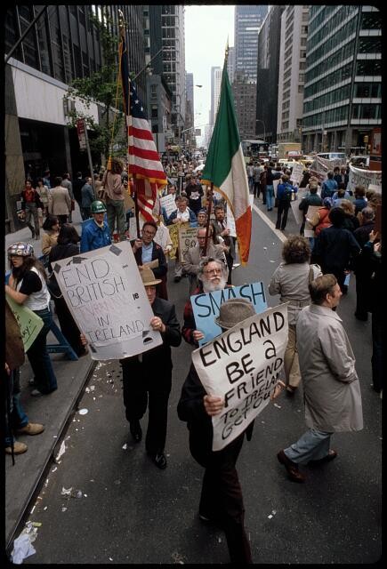 New York City NYC Irish Demonstration 1981 Protest Parade Flags Signage