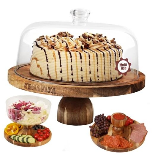 Acacia Wood Cake Stand with Clear Acrylic Dome Lid for Large Dessert Display-image