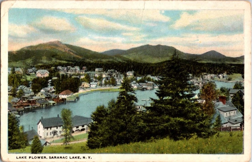W-Border AERIAL VIEW OF TOWN Adirondacks - Saranac Lake NY m/14 BB8625