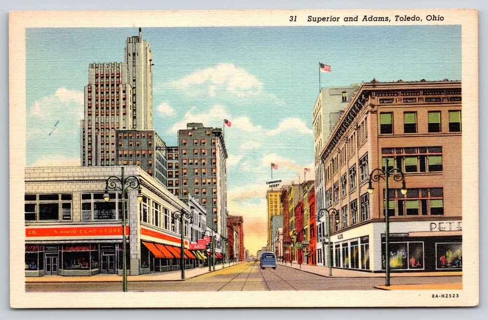 Toledo Ohio~Superior Adams St View~Skyscrapers~Flag~Signs~Linen 1940s Postcard