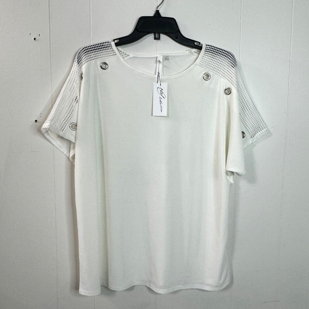 NY Collection Womens Blouse Size Large White Short Sleeve Mesh Shoulders Eyelets