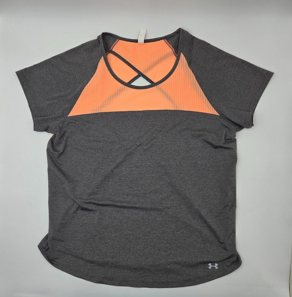 Under Armour, sports t-shirt, gray and orange, open back, women's, size XL
