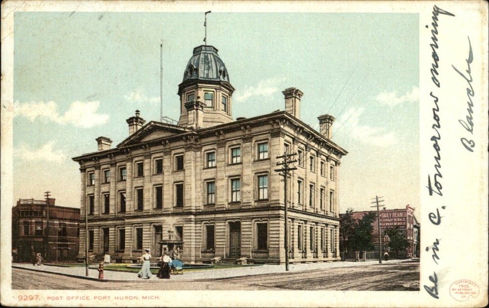 Port Huron Michigan Post Office Detroit Publ 1905 UDB mailed 1910 postcard