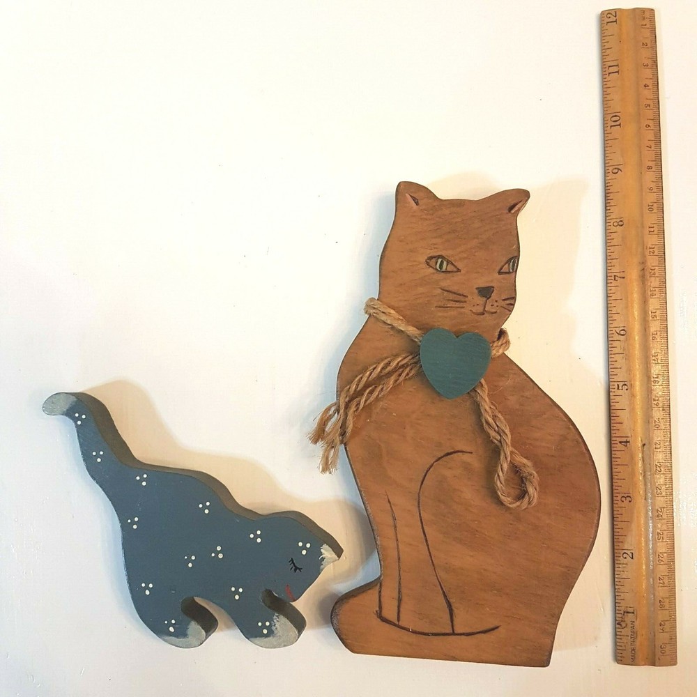 Wooden Cat Plaque LOT Country Farmhouse Home Decor Figurine Wood Shelf Sitter
