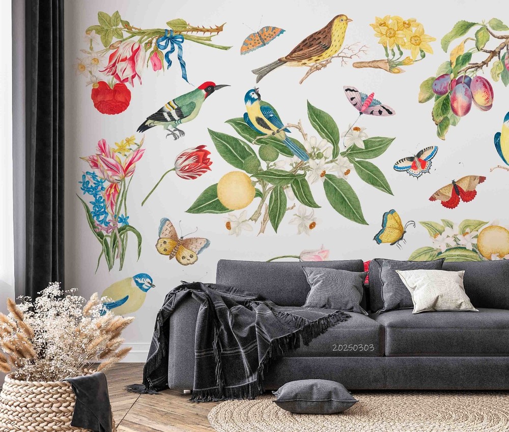 3D Flower Birds Butterflies Watercolor Wall Murals Wallpaper Murals Wall Sticker