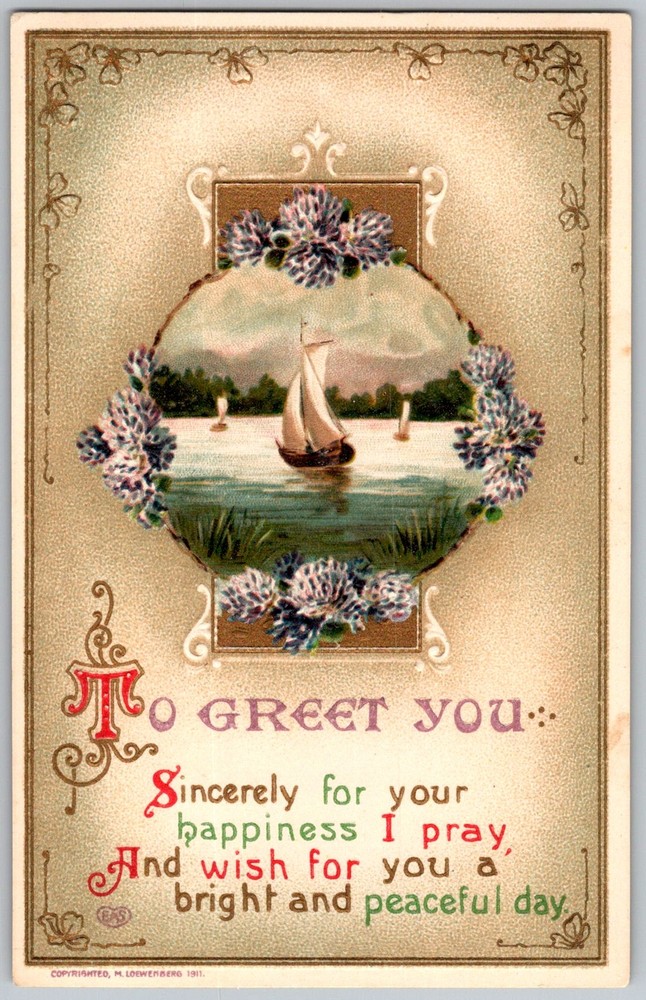Antique Postcard Sailboat Floral Embossed DE 1910s