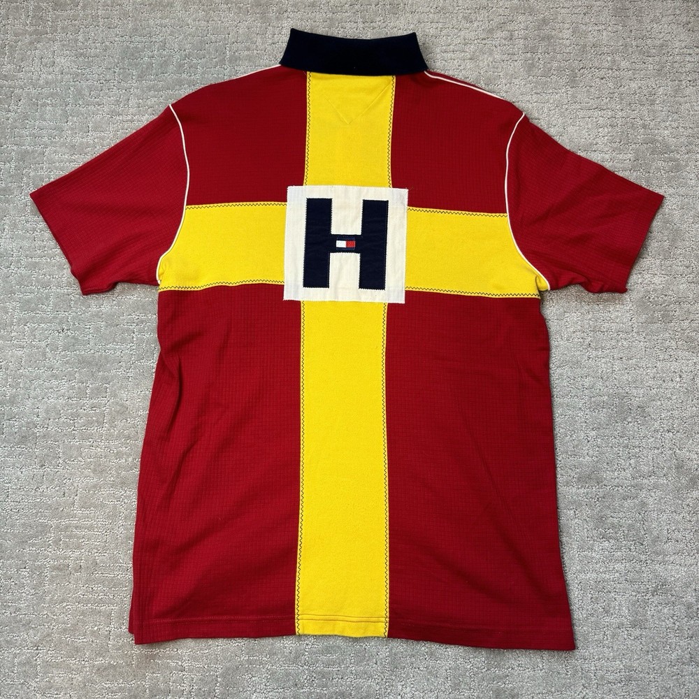 Vintage Tommy Hilfiger Polo Shirt Mens Large Red Big Logo Waffle 90s 2000s