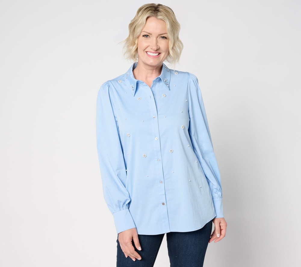 Dennis Basso Women's Top Sz XL Cotton Button Front with Blue A660896