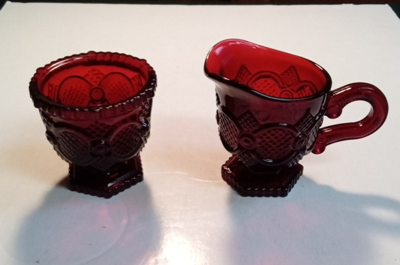 Avon 1876 Cape Cod Red Glass Sugar Bowl Creamer Set Vintage