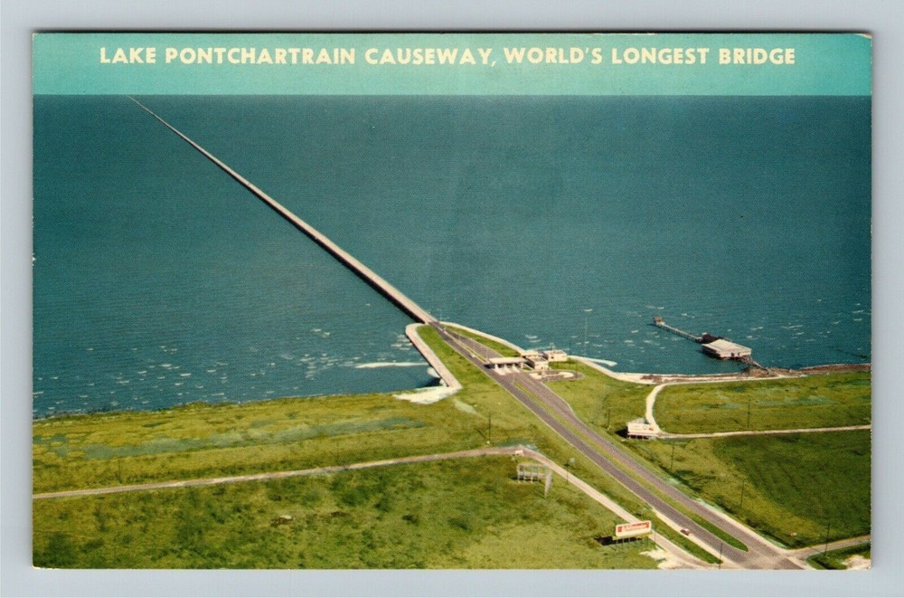 New Orleans LA-Louisiana, Lake Pontchartrain Causeway, Aerial, Vintage Postcard