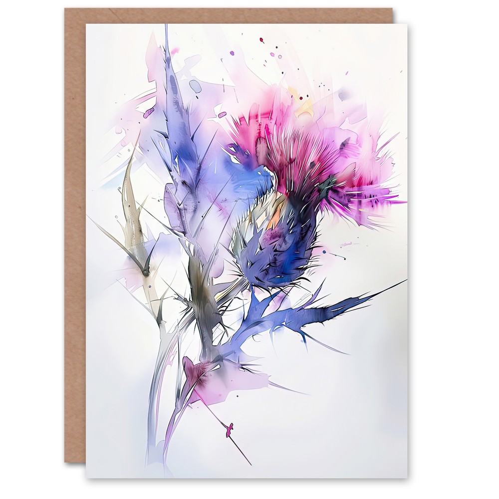 Greeting Card Thistle Flower Violet Pink Green Soft Watercolour Blank Birthday