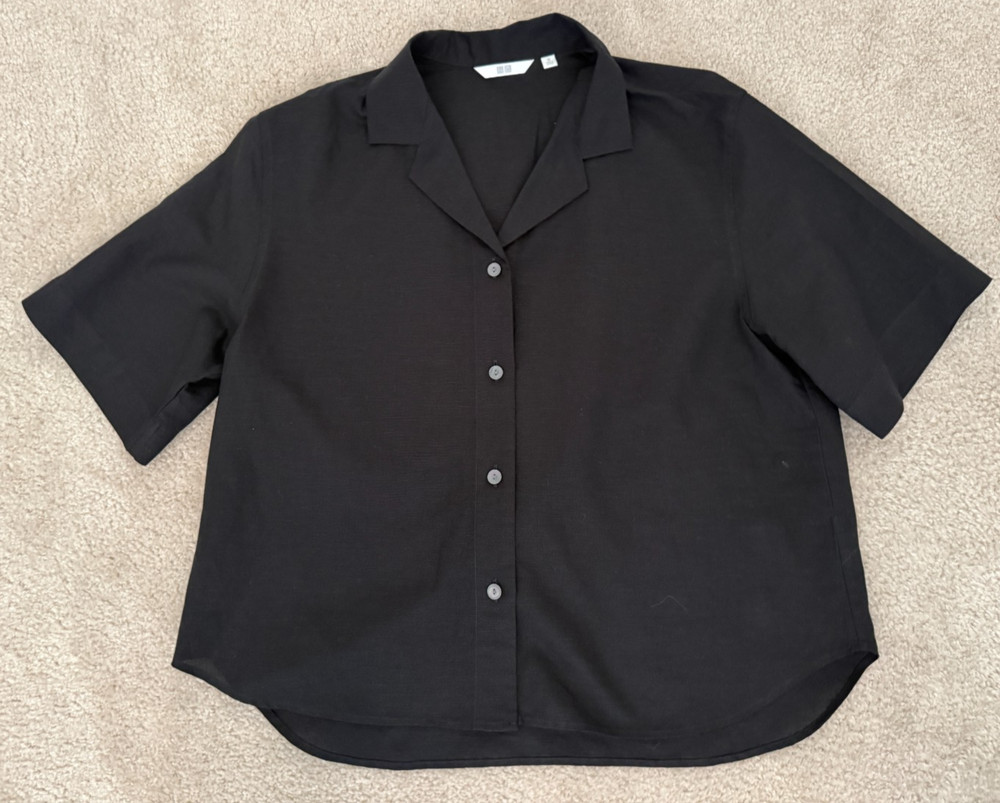 Uniqlo Women's Linen Blend Open Collar Short Sleeve Black Shirt SZ M NWOT