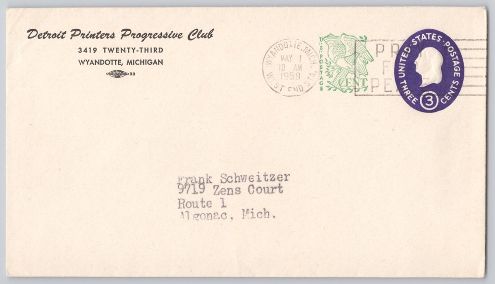 Wyandotte, Michigan Detroit Printers Progressive Club envelope, 1959 ACE