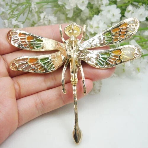 Gold Tone Vintage Green Crystal Rhinestone Dragonfly Insect Pendant Brooch pin