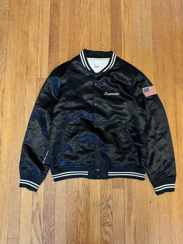 Supreme Satin Club Jacket SS15 USAFlag Black M Used *Rare*