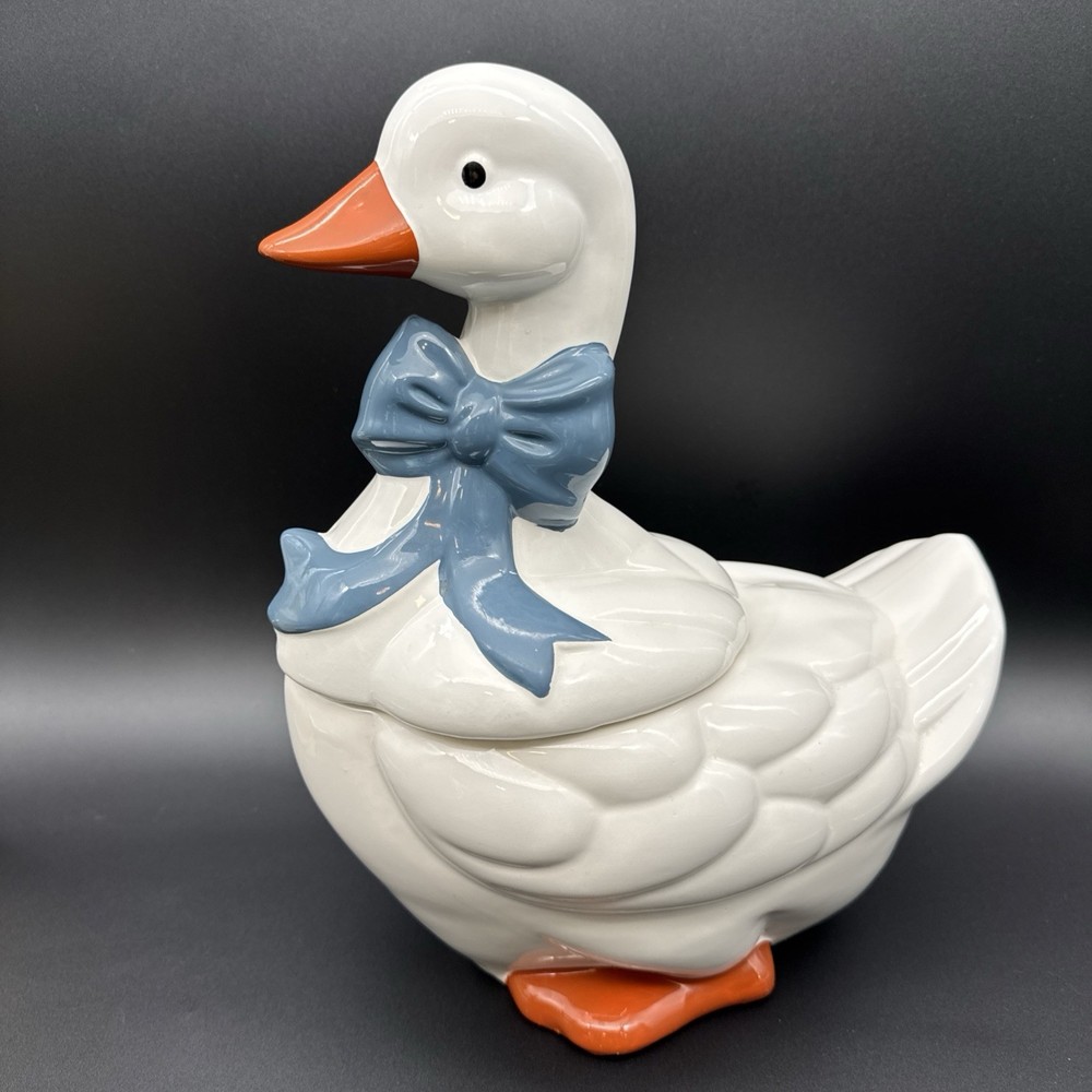 Vintage Mother Goose Cookie Jar Ceramic Blue Bow Farmhouse 80’s Cottagecore