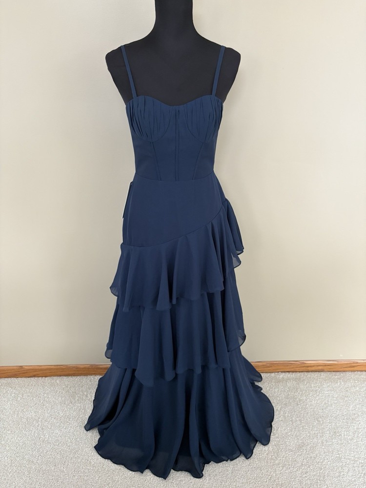Navy Blue Chiffon Spaghetti Strap Drawstring Tiered Bridesmaid Dress Size 2 NWT