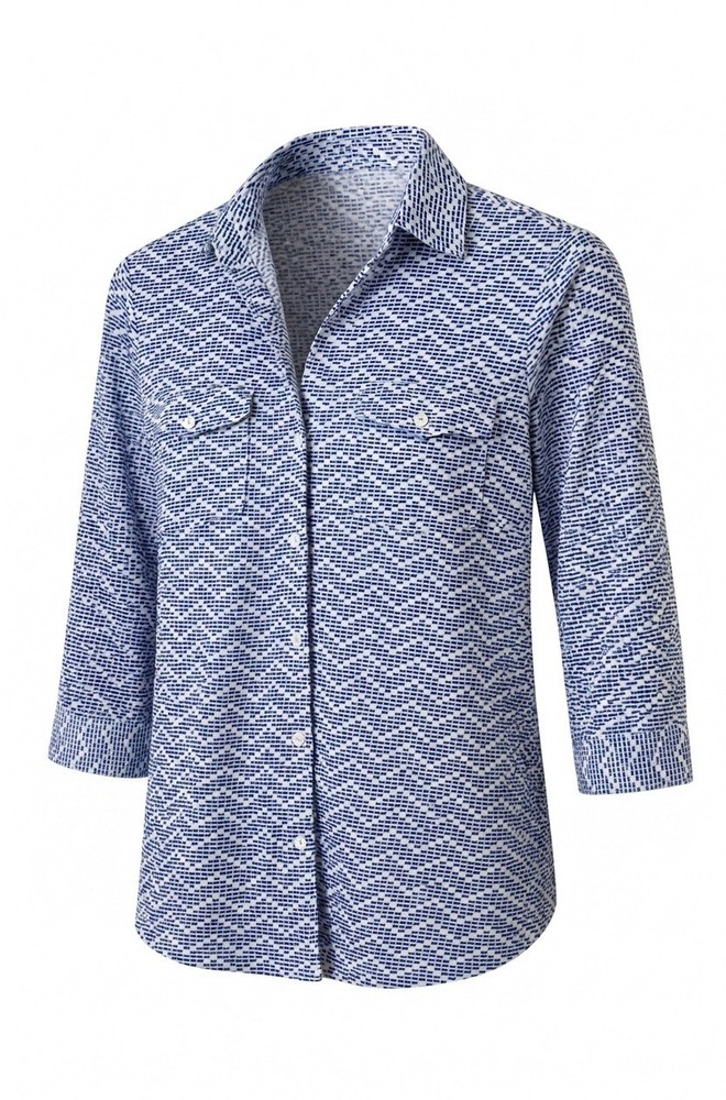 J. McLaughlin Blue White Linen Blend Button Up Shirt Womens Size S