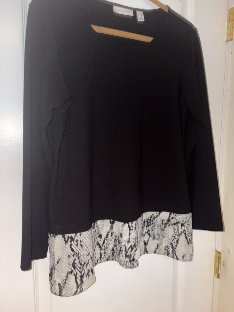 Susan Graver Black Knit Tunic Snake Print Accent Long Sleeve Women's M