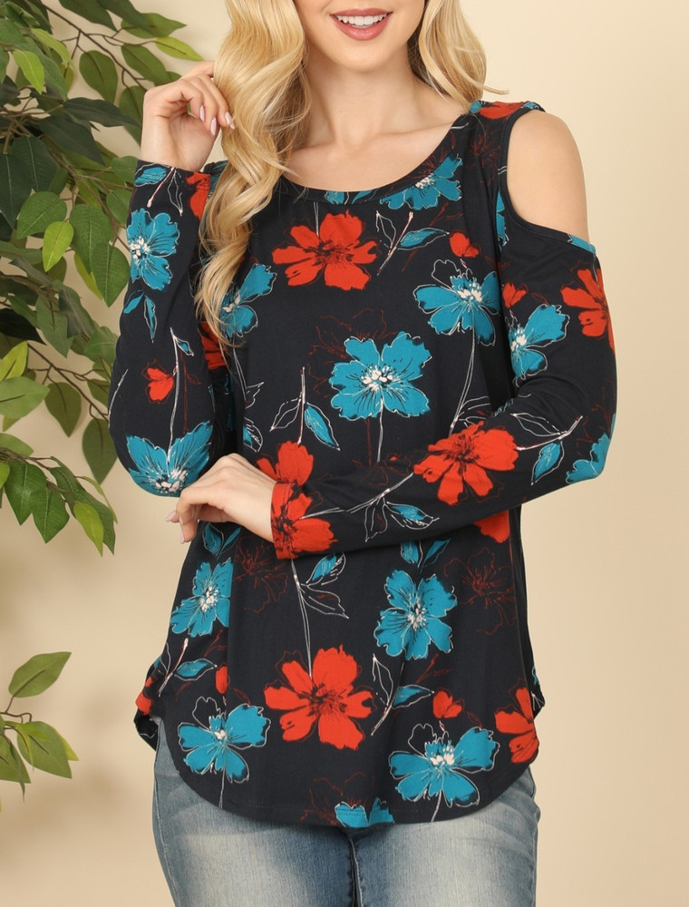 Viamor Women’s Cold Shoulder Floral Blouse Black Rust Teal Long Sleeve Sz L