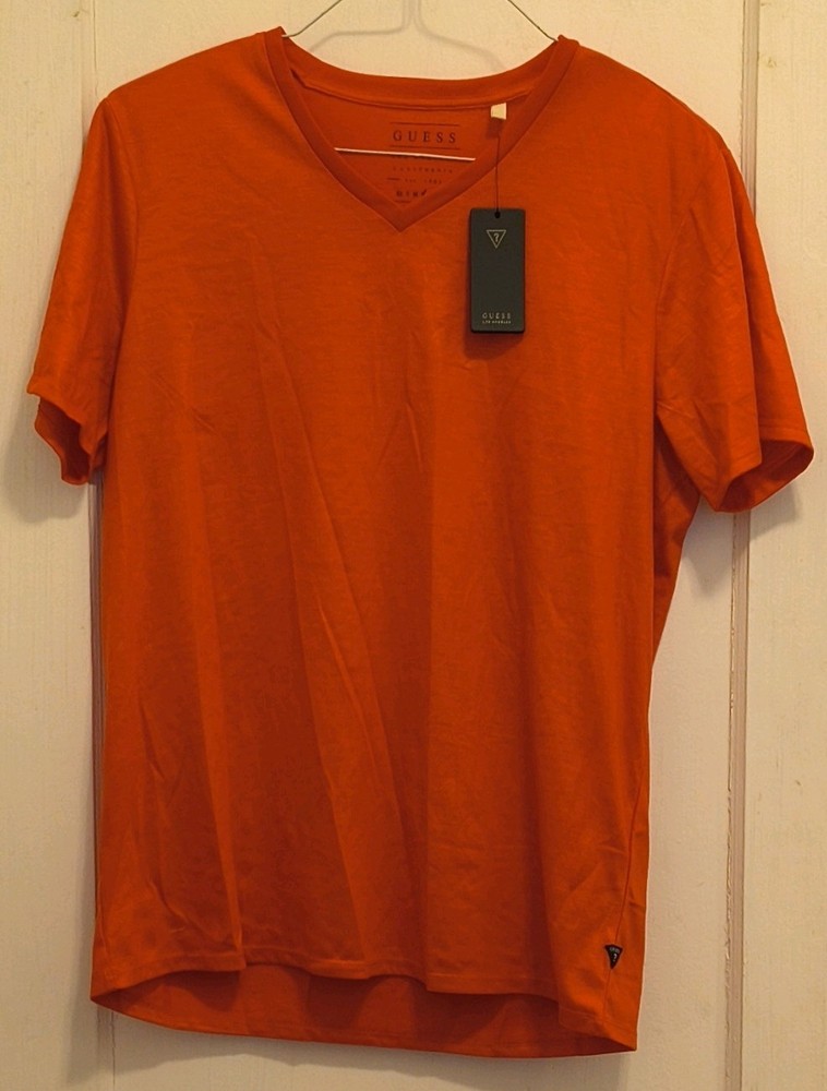 GUESS Men's Orange Solid V-Neck Short Sleeve Logo T-Shirt Size L