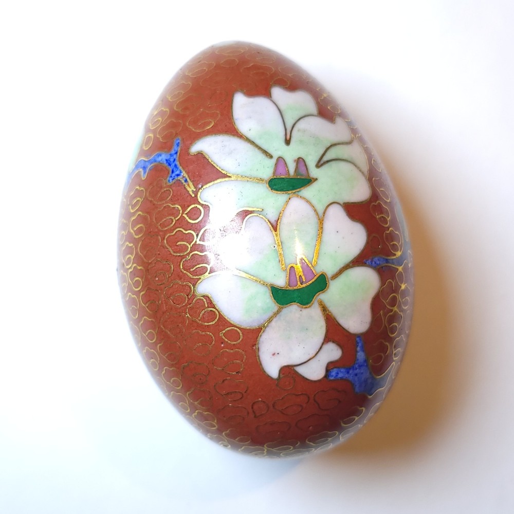 Vintage Cloisonne Decorative Chicken Egg Enamel Dark Red Cherry Blossom Flowers