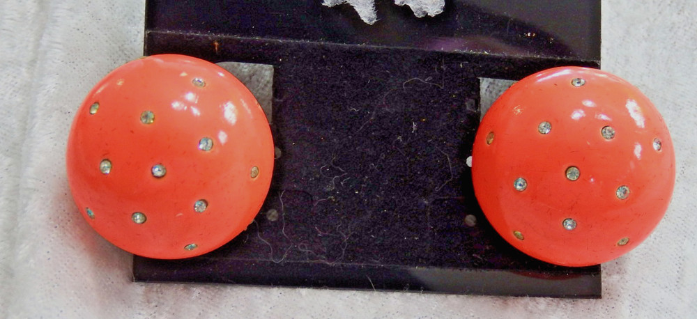 Vintage Bright Orange & Clear Rhinestone Clip  Back Earrings