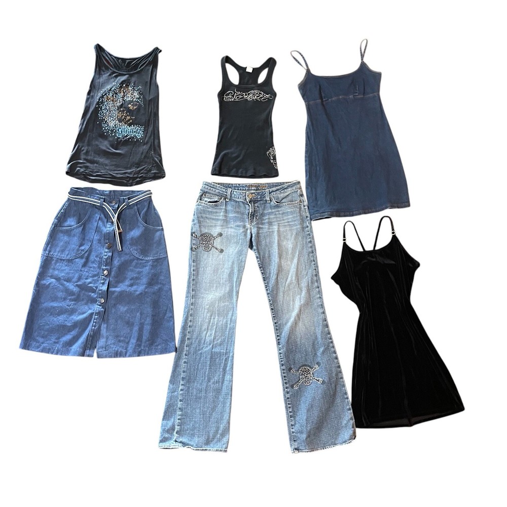 Grunge Y2k Bundle 6 Sequin Womens M Bling Tanks Dresses Denim Jeans Skirt Outfit