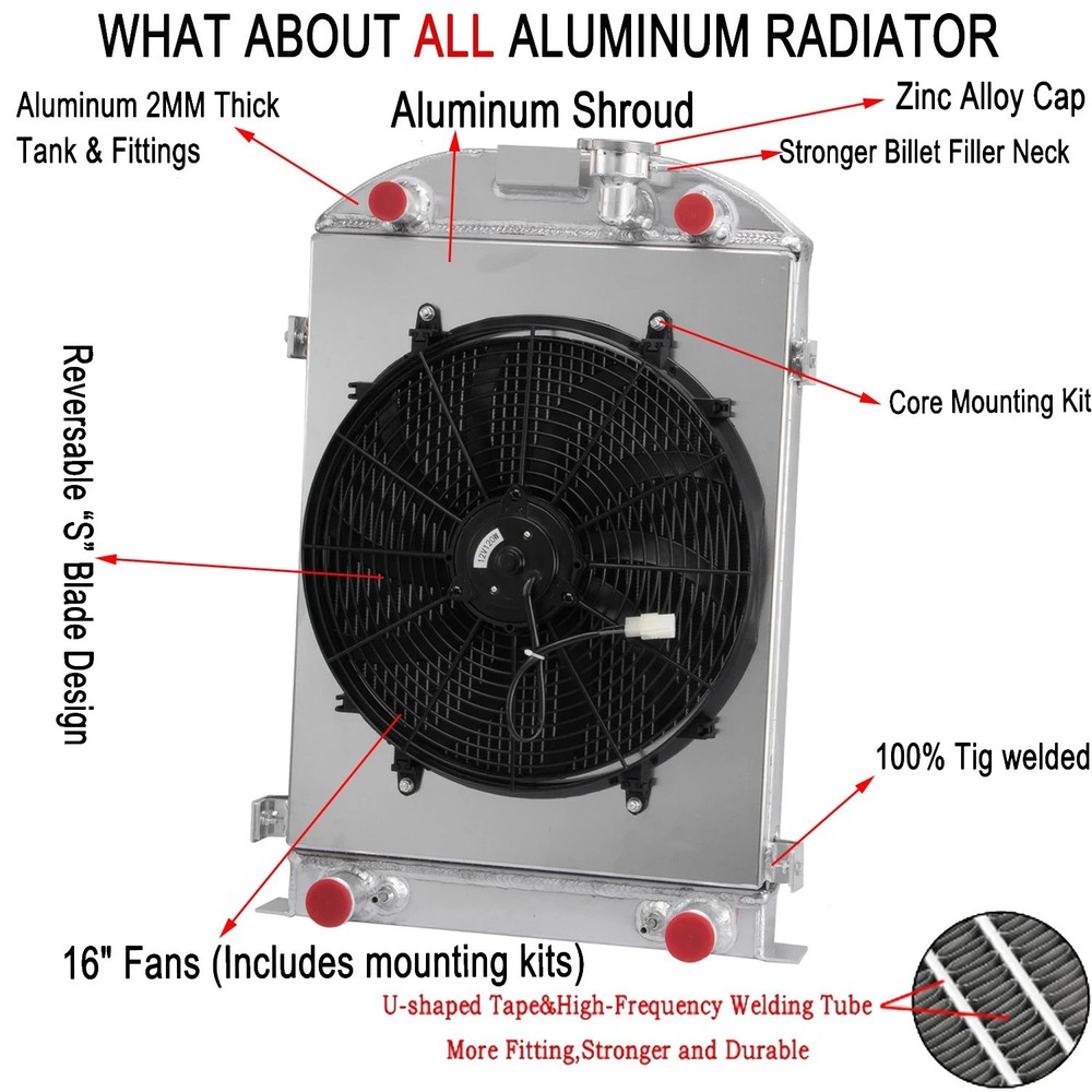 Aluminum 3Rows Radiator Shroud Fan Fits 1930 1931 Ford Model A Base Flathead V8