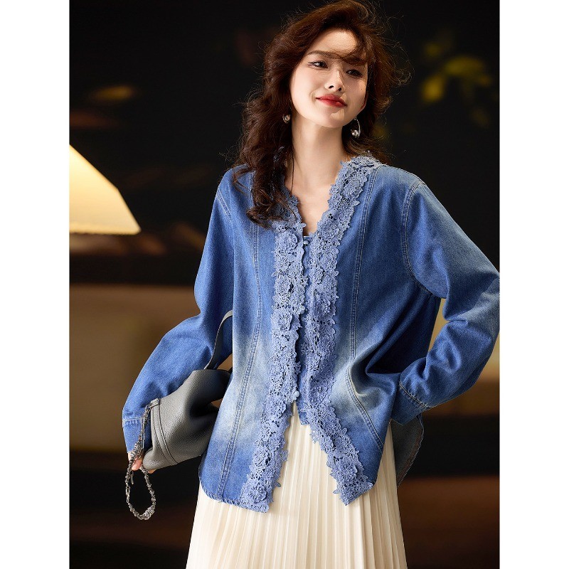 Womens V-Neck Lace Long Sleeve Shirt 2026 Spring New Casual Top Plus Size Blouse