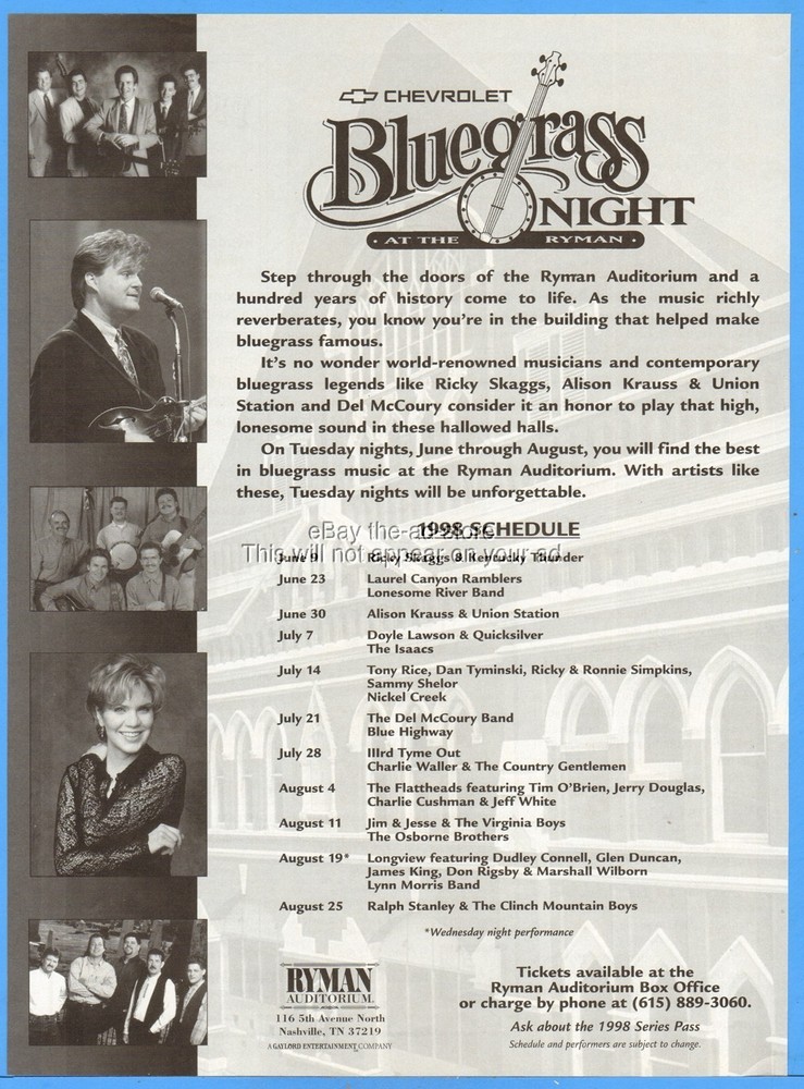 1998 Bluegrass Night Ryman Auditorium Nashville TN Ad Ricky Skaggs Alison Krauss
