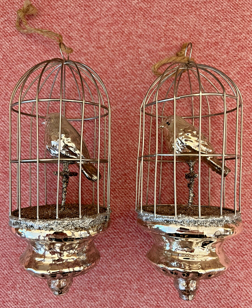 *Pair of Silver Mercury  Glass Bird Metal Cage Glitter Accent Christmas Ornament-image