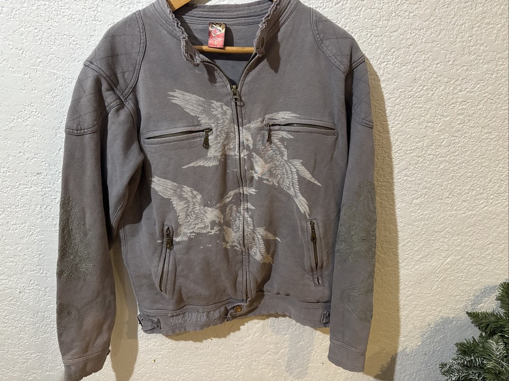 Don Ed Hardy by Christian Audigier Full Zip Sweater/Jacket Size LargeGray Bomber