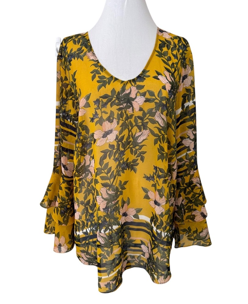 CAbi XL Spring Scene Floral Sheer Bell Sleeve Top Women's Yellow Boho Artsy