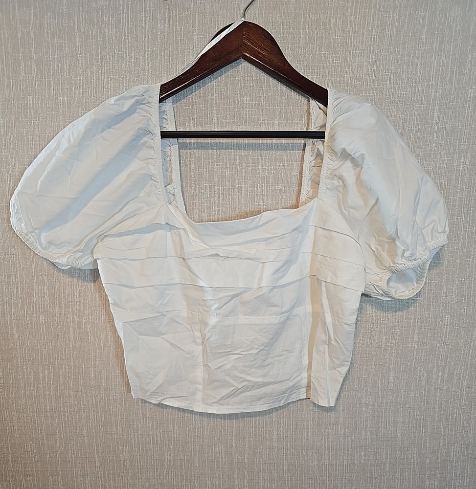 Sim & Sam Crop Top smocked White Ruffle Layered Cotton Short Puff Sleeve Size XL